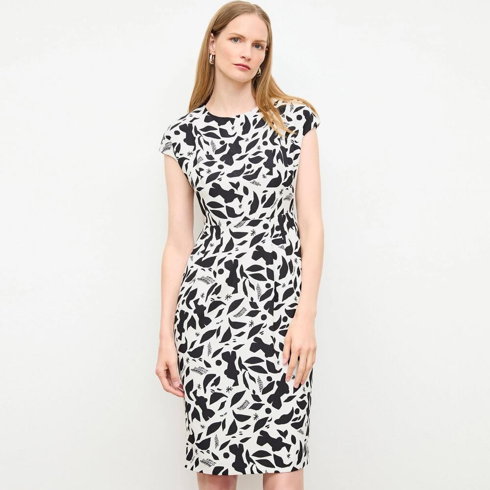 MM LaFleur Masha Icon Print Sheath Dress Black White Cap Sleeve Midi Size 2